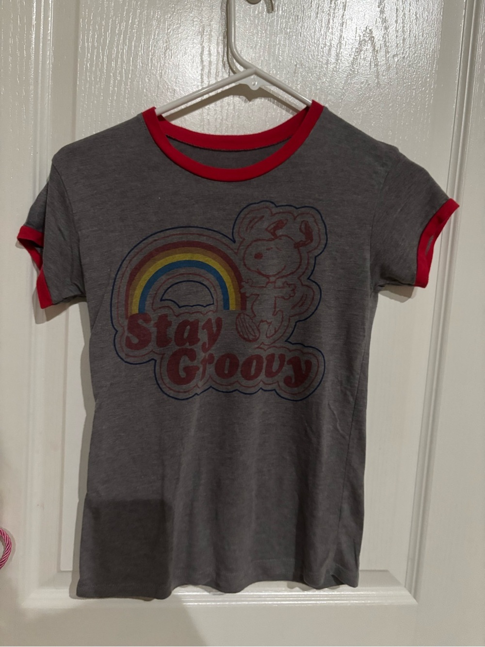 Peanuts Grey Tee with Red Trim and Rainbow Graphic